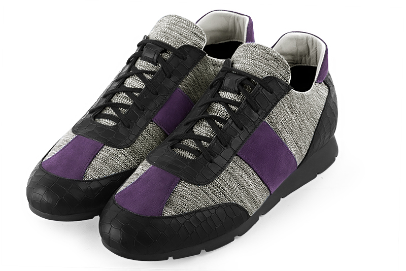 Satin black, ash grey and amethyst purple three-tone dress sneakers for men. Round toe. Flat rubber soles. Front view - Florence KOOIJMAN